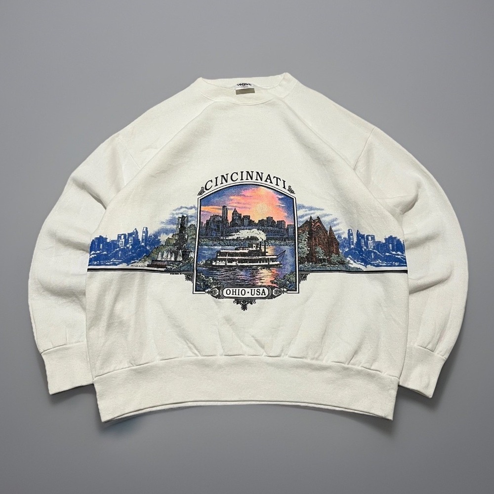 San Segal Mens White Cincinnati Ohio USA Skyline Steamboat Graphic Sweatshirt XL